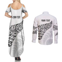 Aotearoa Personalized Lawn Bowls Maori Couples Matching Summer Maxi Dress and Long Sleeve Button Shirt New Zealand White Tribal Silver Fern - Polynesian Pride