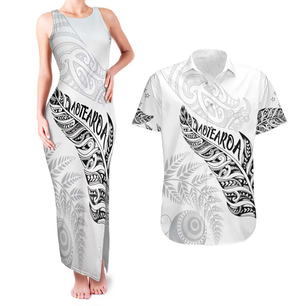 Aotearoa Personalized Lawn Bowls Maori Couples Matching Tank Maxi Dress and Hawaiian Shirt New Zealand White Tribal Silver Fern - Polynesian Pride