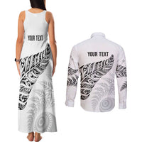 Aotearoa Personalized Lawn Bowls Maori Couples Matching Tank Maxi Dress and Long Sleeve Button Shirt New Zealand White Tribal Silver Fern - Polynesian Pride