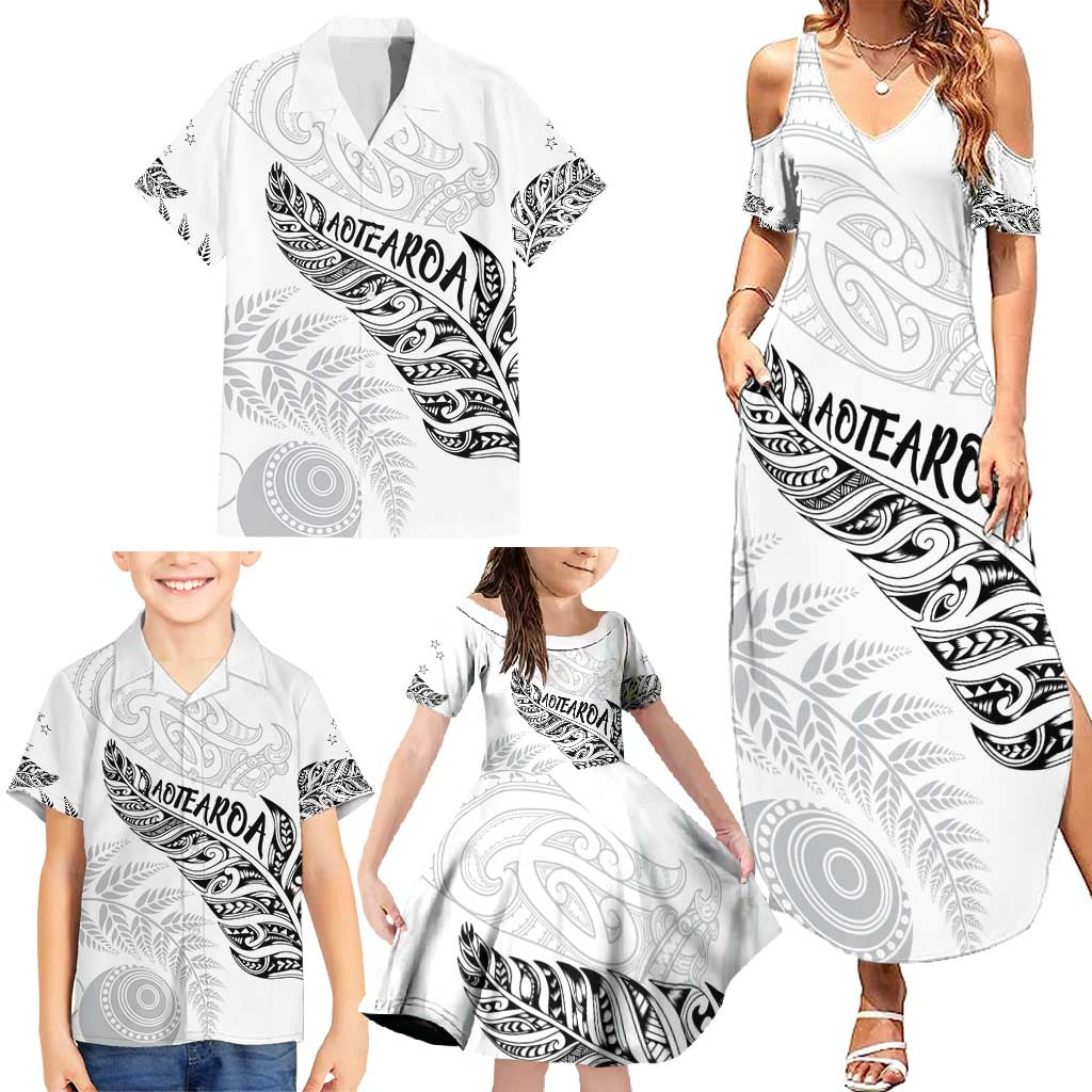 Aotearoa Personalized Lawn Bowls Maori Family Matching Summer Maxi Dress and Hawaiian Shirt New Zealand White Tribal Silver Fern - Polynesian Pride