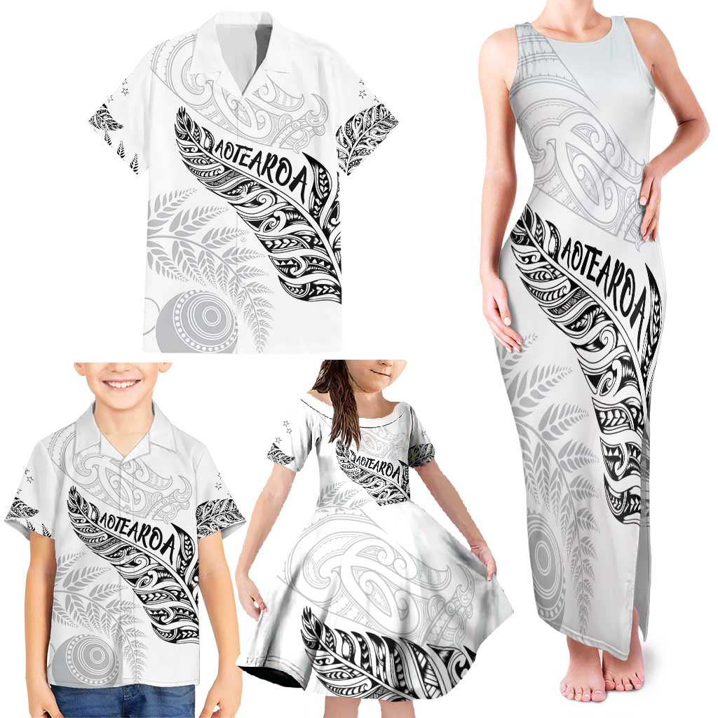 Aotearoa Personalized Lawn Bowls Maori Family Matching Tank Maxi Dress and Hawaiian Shirt New Zealand White Tribal Silver Fern - Polynesian Pride