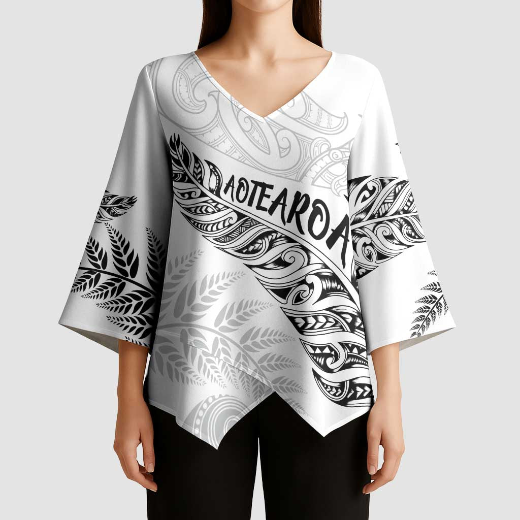 Aotearoa Personalized Lawn Bowls Maori Kimono Sleeve Blouse New Zealand White Tribal Silver Fern - Polynesian Pride