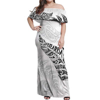 Aotearoa Personalized Lawn Bowls Maori Off Shoulder Maxi Dress New Zealand White Tribal Silver Fern - Polynesian Pride