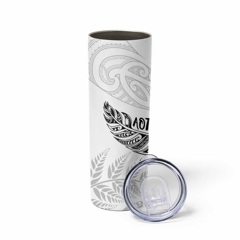 Aotearoa Personalized Lawn Bowls Maori Skinny Tumbler New Zealand White Tribal Silver Fern - Polynesian Pride