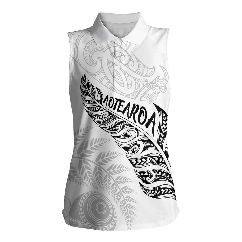 Aotearoa Personalized Lawn Bowls Maori Women Sleeveless Polo Shirt New Zealand White Tribal Silver Fern - Polynesian Pride