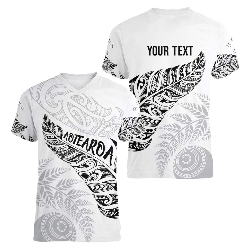 Aotearoa Personalized Lawn Bowls Maori Women V-Neck T-Shirt New Zealand White Tribal Silver Fern - Polynesian Pride