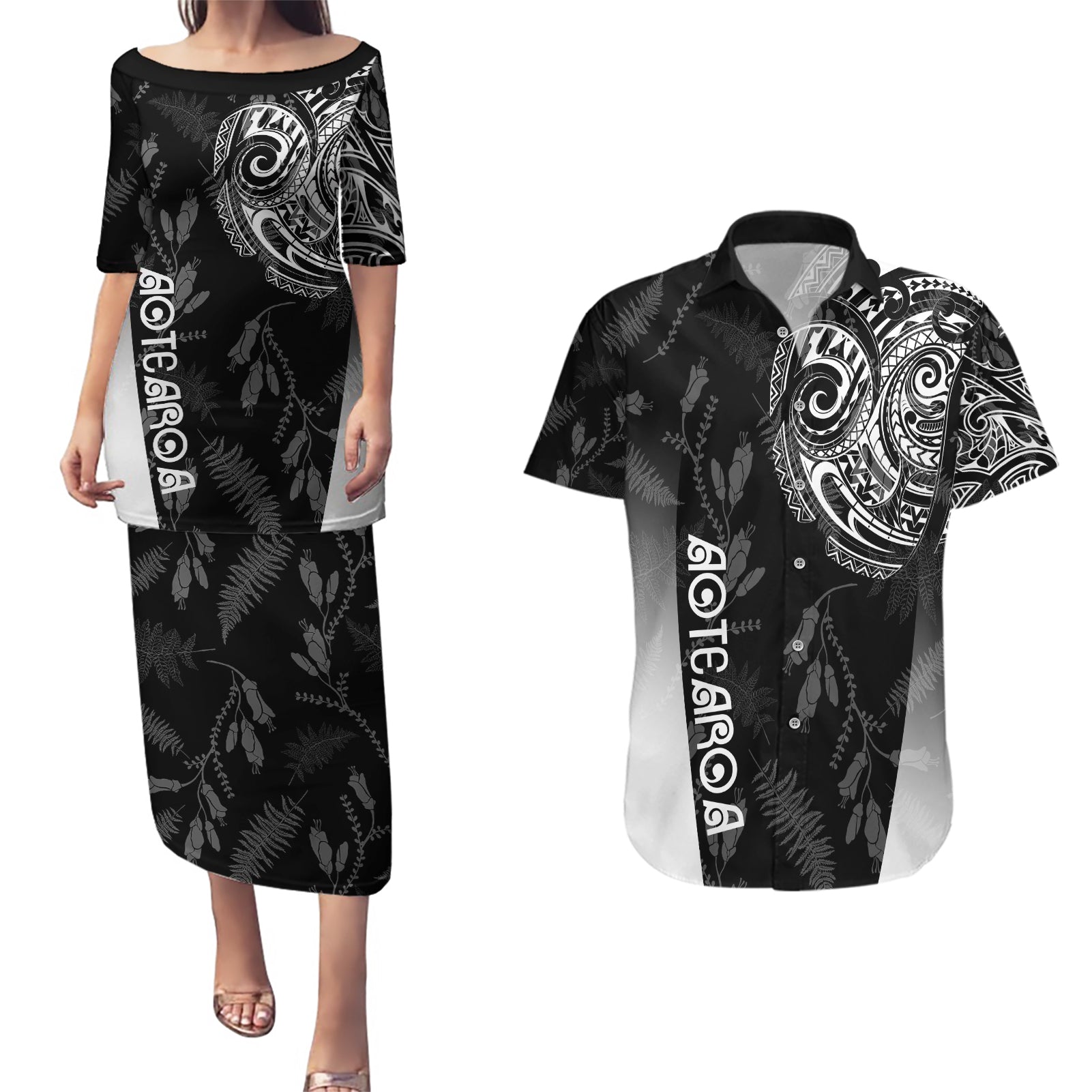 Personalised Maori Waitangi Couples Matching Puletasi Dress and Hawaiian Shirt New Zealand Silver Fern Mix Kowhai Flowers LT7 Black - Polynesian Pride