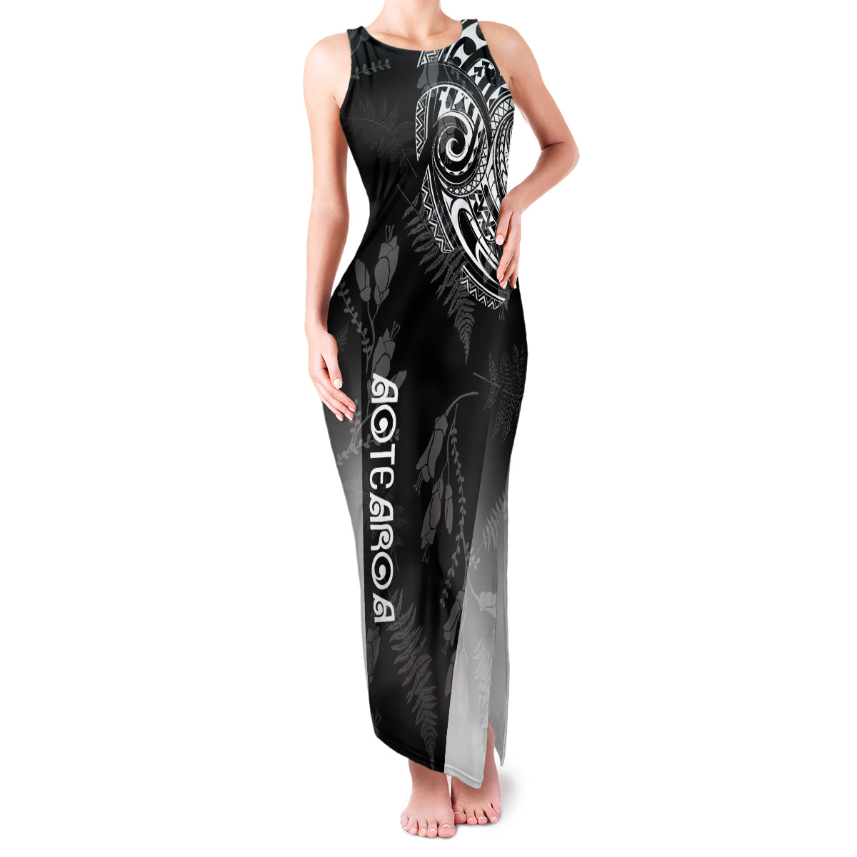 Personalised Maori Waitangi Family Matching Tank Maxi Dress and Hawaiian Shirt New Zealand Silver Fern Mix Kowhai Flowers LT7 Mom's Dress Black - Polynesian Pride