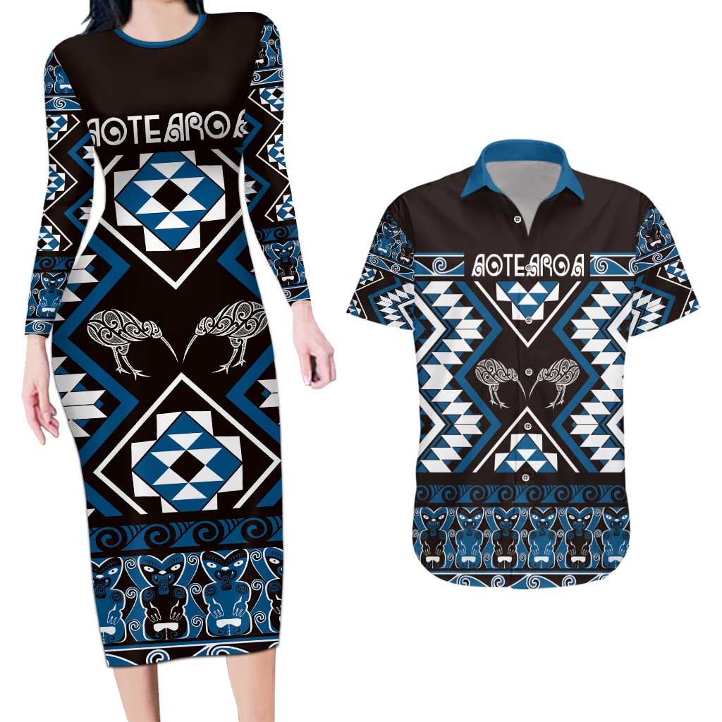 Personalised Taniko Motifs Aotearoa Couples Matching Long Sleeve Bodycon Dress and Hawaiian Shirt Waitangi Kowhaiwhai Kiwi - Blue