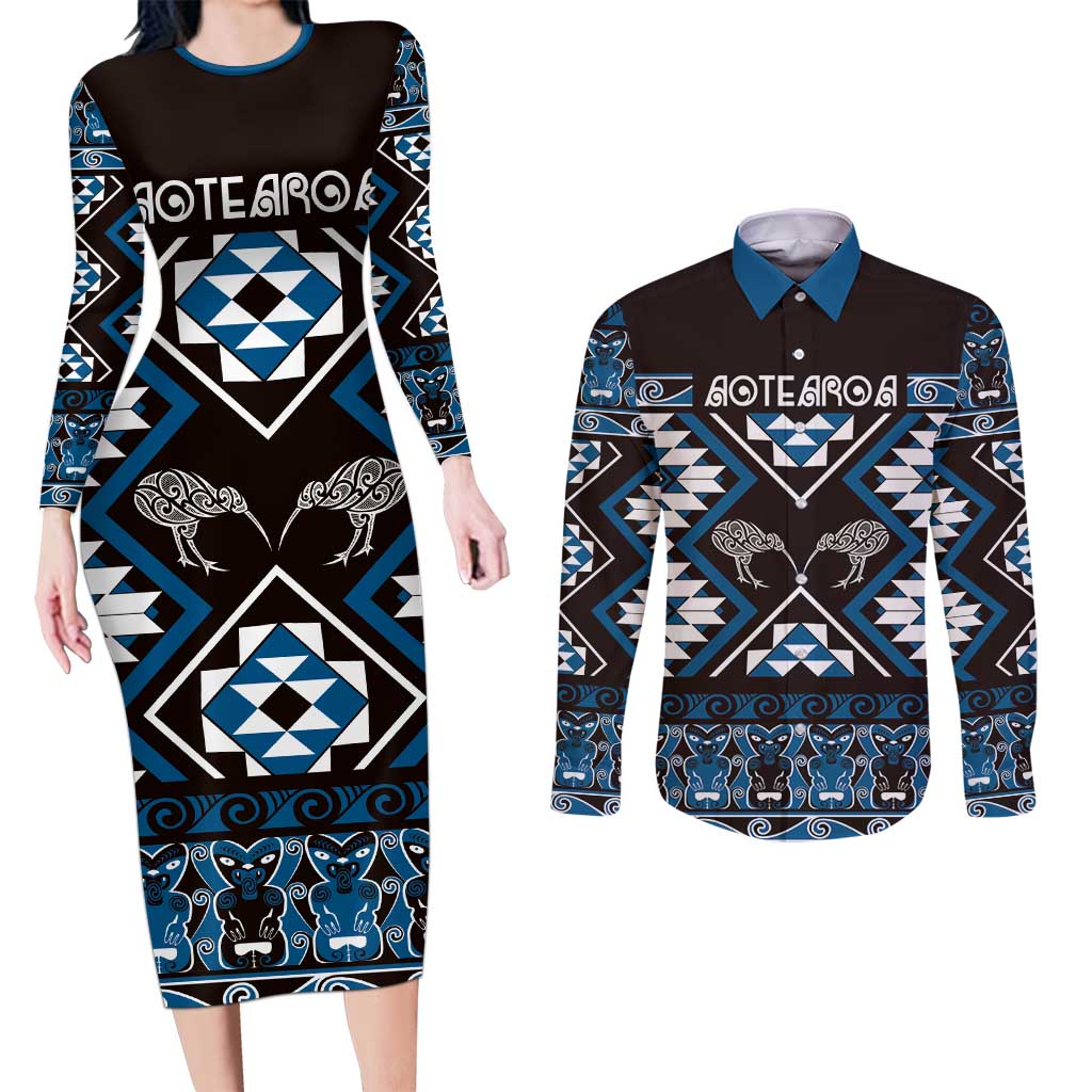 Personalised Taniko Motifs Aotearoa Couples Matching Long Sleeve Bodycon Dress and Long Sleeve Button Shirt Waitangi Kowhaiwhai Kiwi - Blue LT7 Blue - Polynesian Pride