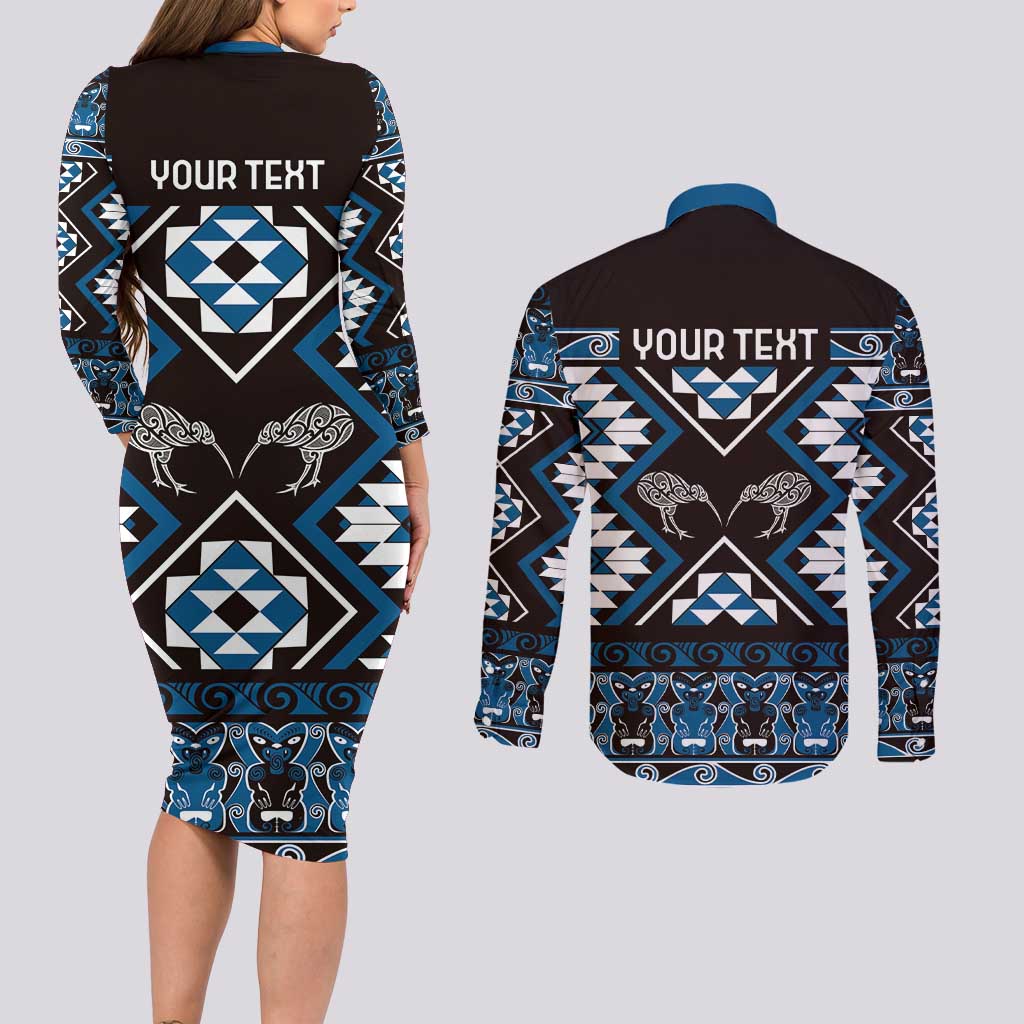 Personalised Taniko Motifs Aotearoa Couples Matching Long Sleeve Bodycon Dress and Long Sleeve Button Shirt Waitangi Kowhaiwhai Kiwi - Blue LT7 - Polynesian Pride