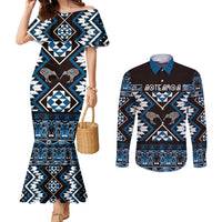 Personalised Taniko Motifs Aotearoa Couples Matching Mermaid Dress and Long Sleeve Button Shirt Waitangi Kowhaiwhai Kiwi - Blue LT7 Blue - Polynesian Pride
