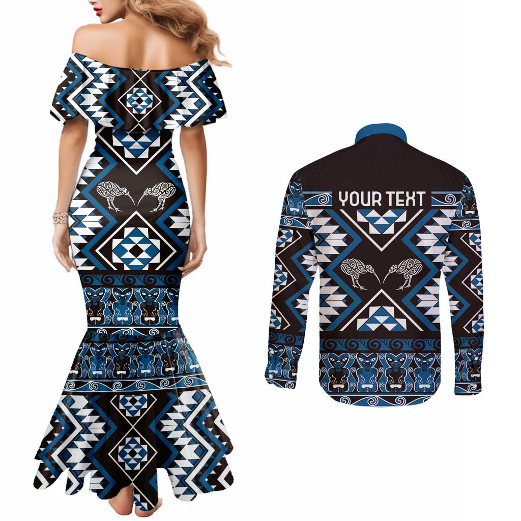 Personalised Taniko Motifs Aotearoa Couples Matching Mermaid Dress and Long Sleeve Button Shirt Waitangi Kowhaiwhai Kiwi - Blue LT7 - Polynesian Pride