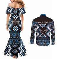 Personalised Taniko Motifs Aotearoa Couples Matching Mermaid Dress and Long Sleeve Button Shirt Waitangi Kowhaiwhai Kiwi - Blue LT7 - Polynesian Pride