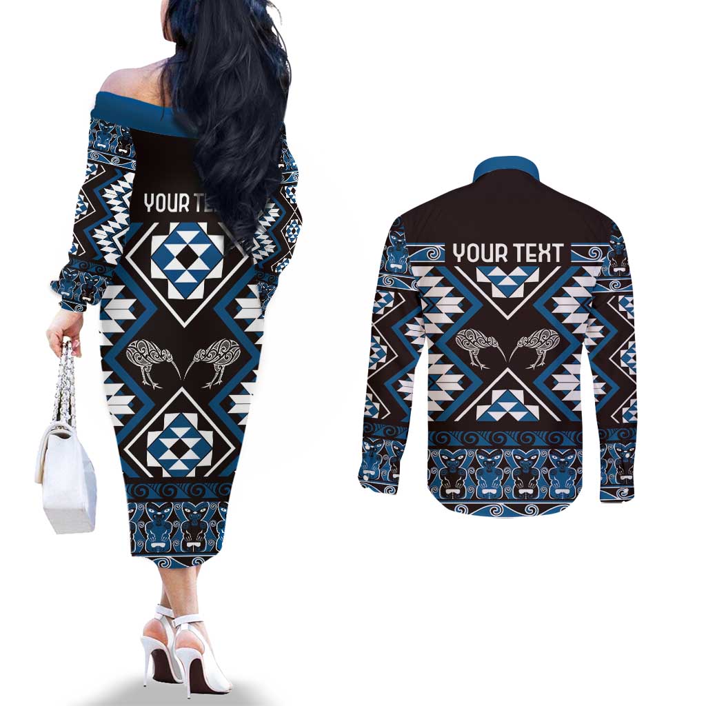 Personalised Taniko Motifs Aotearoa Couples Matching Off The Shoulder Long Sleeve Dress and Long Sleeve Button Shirt Waitangi Kowhaiwhai Kiwi - Blue LT7 - Polynesian Pride