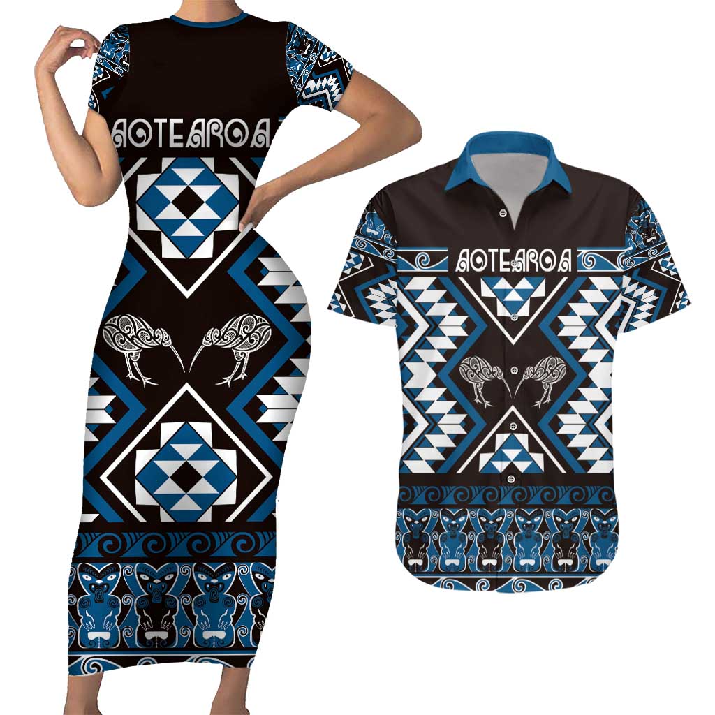 Personalised Taniko Motifs Aotearoa Couples Matching Short Sleeve Bodycon Dress and Hawaiian Shirt Waitangi Kowhaiwhai Kiwi - Blue