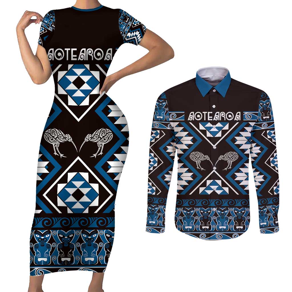 Personalised Taniko Motifs Aotearoa Couples Matching Short Sleeve Bodycon Dress and Long Sleeve Button Shirt Waitangi Kowhaiwhai Kiwi - Blue LT7 Blue - Polynesian Pride