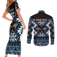 Personalised Taniko Motifs Aotearoa Couples Matching Short Sleeve Bodycon Dress and Long Sleeve Button Shirt Waitangi Kowhaiwhai Kiwi - Blue LT7 - Polynesian Pride