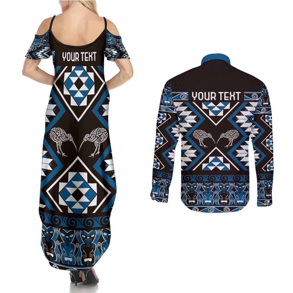 Personalised Taniko Motifs Aotearoa Couples Matching Summer Maxi Dress and Long Sleeve Button Shirt Waitangi Kowhaiwhai Kiwi - Blue