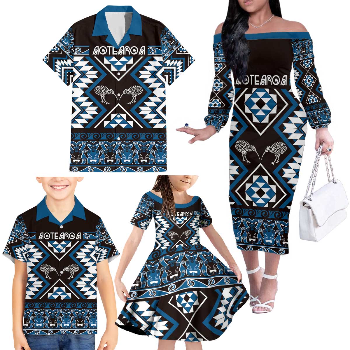 Personalised Taniko Motifs Aotearoa Family Matching Off The Shoulder Long Sleeve Dress and Hawaiian Shirt Waitangi Kowhaiwhai Kiwi - Blue