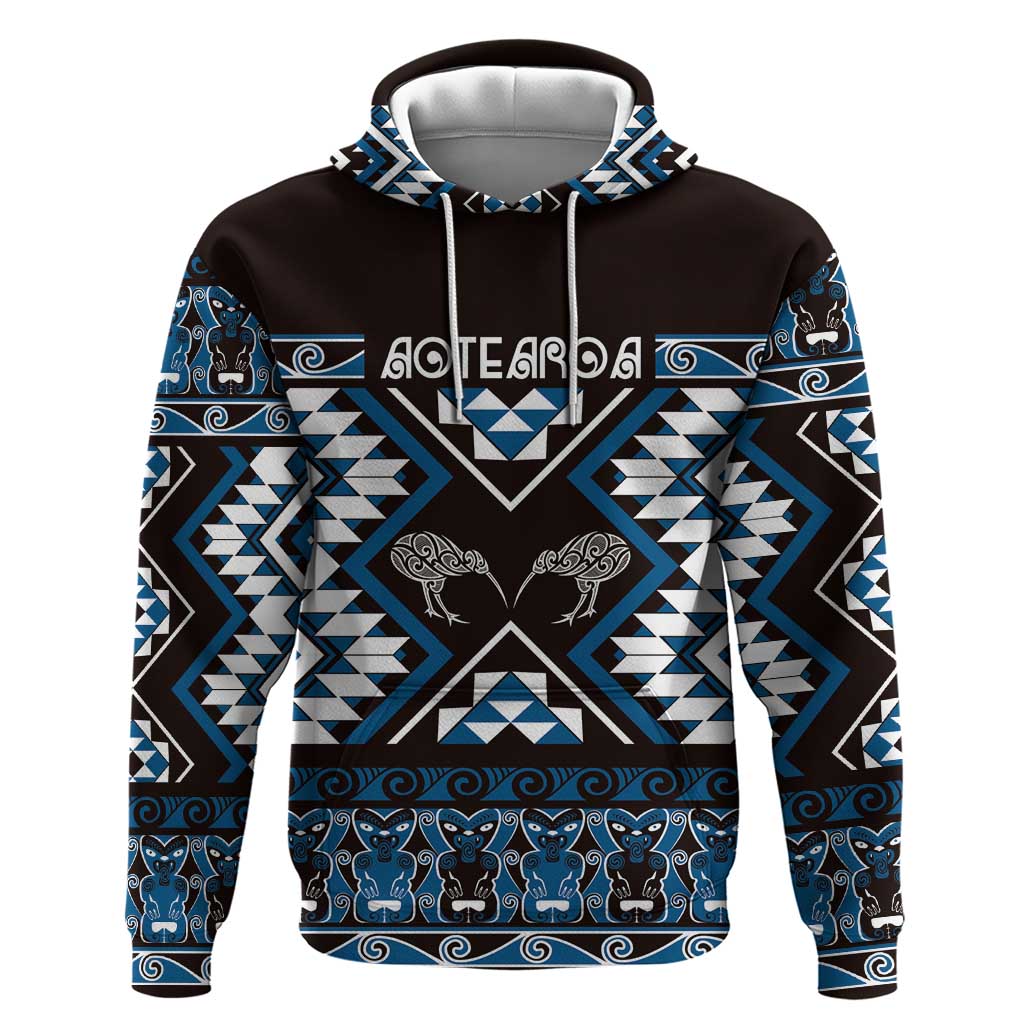 Personalised Taniko Motifs Aotearoa Hoodie Waitangi Kowhaiwhai Kiwi - Blue