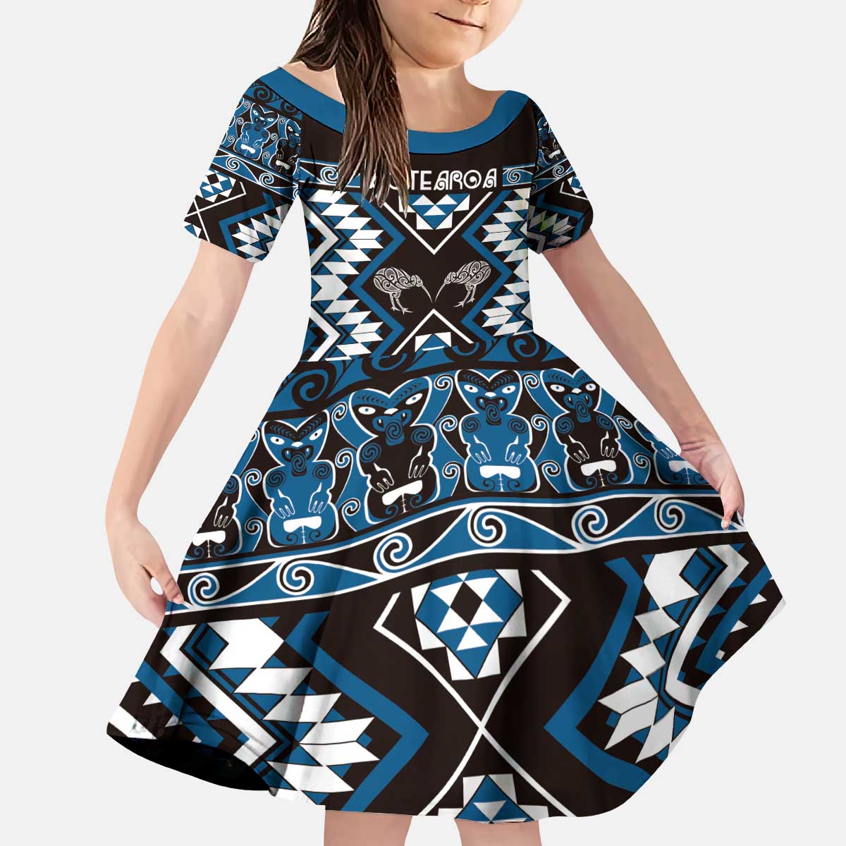 Personalised Taniko Motifs Aotearoa Kid Short Sleeve Dress Waitangi Kowhaiwhai Kiwi - Blue