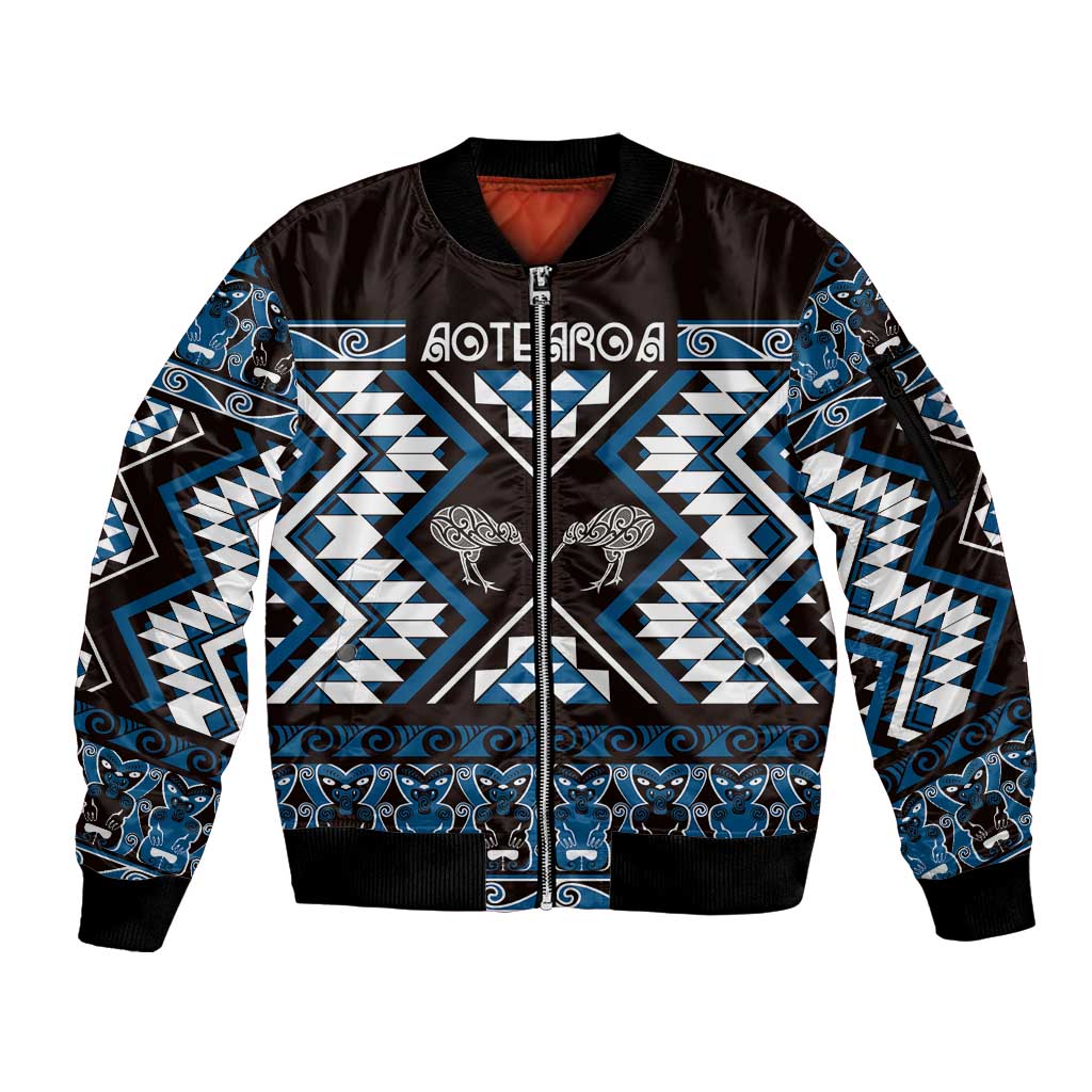 Personalised Taniko Motifs Aotearoa Sleeve Zip Bomber Jacket Waitangi Kowhaiwhai Kiwi - Blue