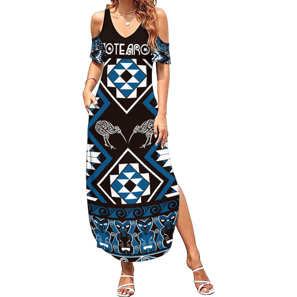 Personalised Taniko Motifs Aotearoa Summer Maxi Dress Waitangi Kowhaiwhai Kiwi - Blue