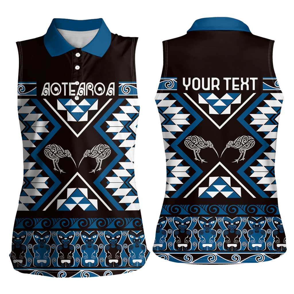 Personalised Taniko Motifs Aotearoa Women Sleeveless Polo Shirt Waitangi Kowhaiwhai Kiwi - Blue LT7 - Polynesian Pride