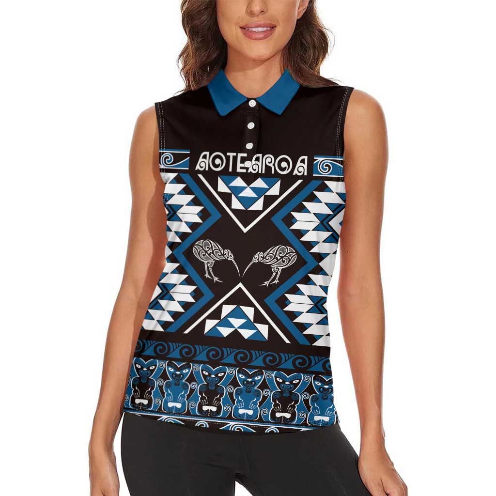 Personalised Taniko Motifs Aotearoa Women Sleeveless Polo Shirt Waitangi Kowhaiwhai Kiwi - Blue LT7 - Polynesian Pride