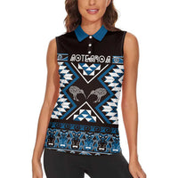 Personalised Taniko Motifs Aotearoa Women Sleeveless Polo Shirt Waitangi Kowhaiwhai Kiwi - Blue LT7 - Polynesian Pride