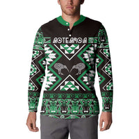 Personalised Taniko Motifs Aotearoa Button Sweatshirt Waitangi Kowhaiwhai Kiwi - Green