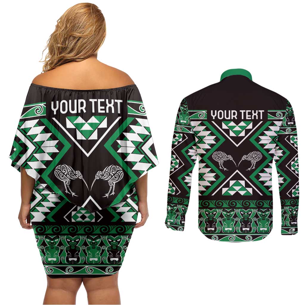Personalised Taniko Motifs Aotearoa Couples Matching Off Shoulder Short Dress and Long Sleeve Button Shirt Waitangi Kowhaiwhai Kiwi - Green LT7 - Polynesian Pride