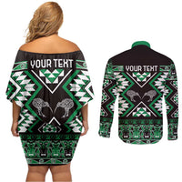 Personalised Taniko Motifs Aotearoa Couples Matching Off Shoulder Short Dress and Long Sleeve Button Shirt Waitangi Kowhaiwhai Kiwi - Green LT7 - Polynesian Pride