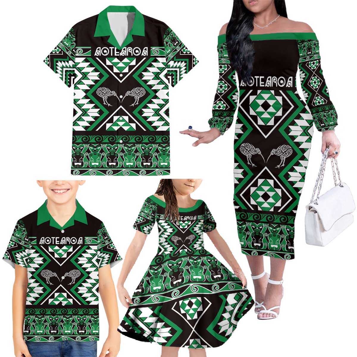 Personalised Taniko Motifs Aotearoa Family Matching Off The Shoulder Long Sleeve Dress and Hawaiian Shirt Waitangi Kowhaiwhai Kiwi - Green