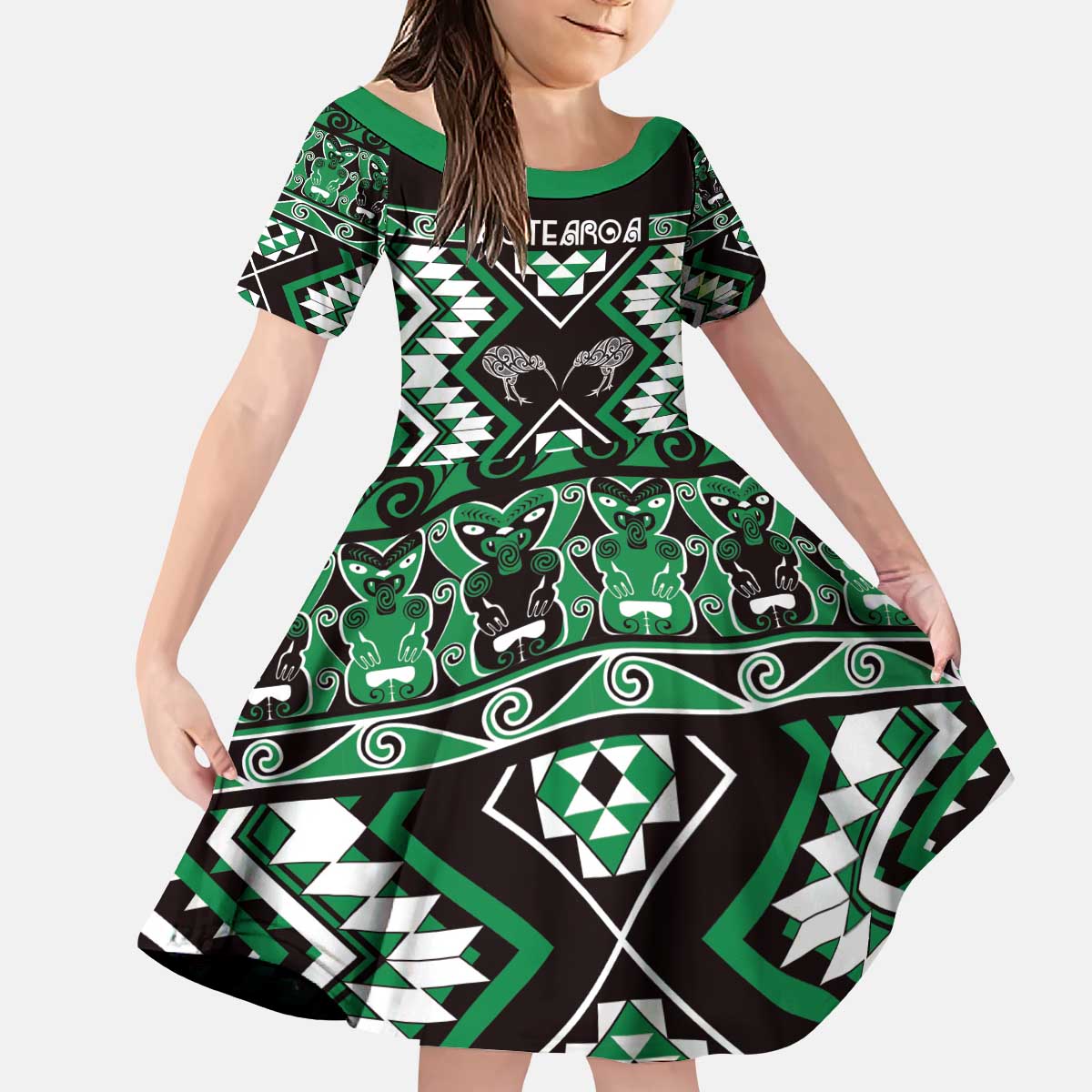 Personalised Taniko Motifs Aotearoa Kid Short Sleeve Dress Waitangi Kowhaiwhai Kiwi - Green