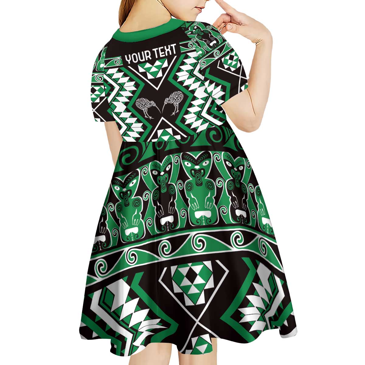 Personalised Taniko Motifs Aotearoa Kid Short Sleeve Dress Waitangi Kowhaiwhai Kiwi - Green