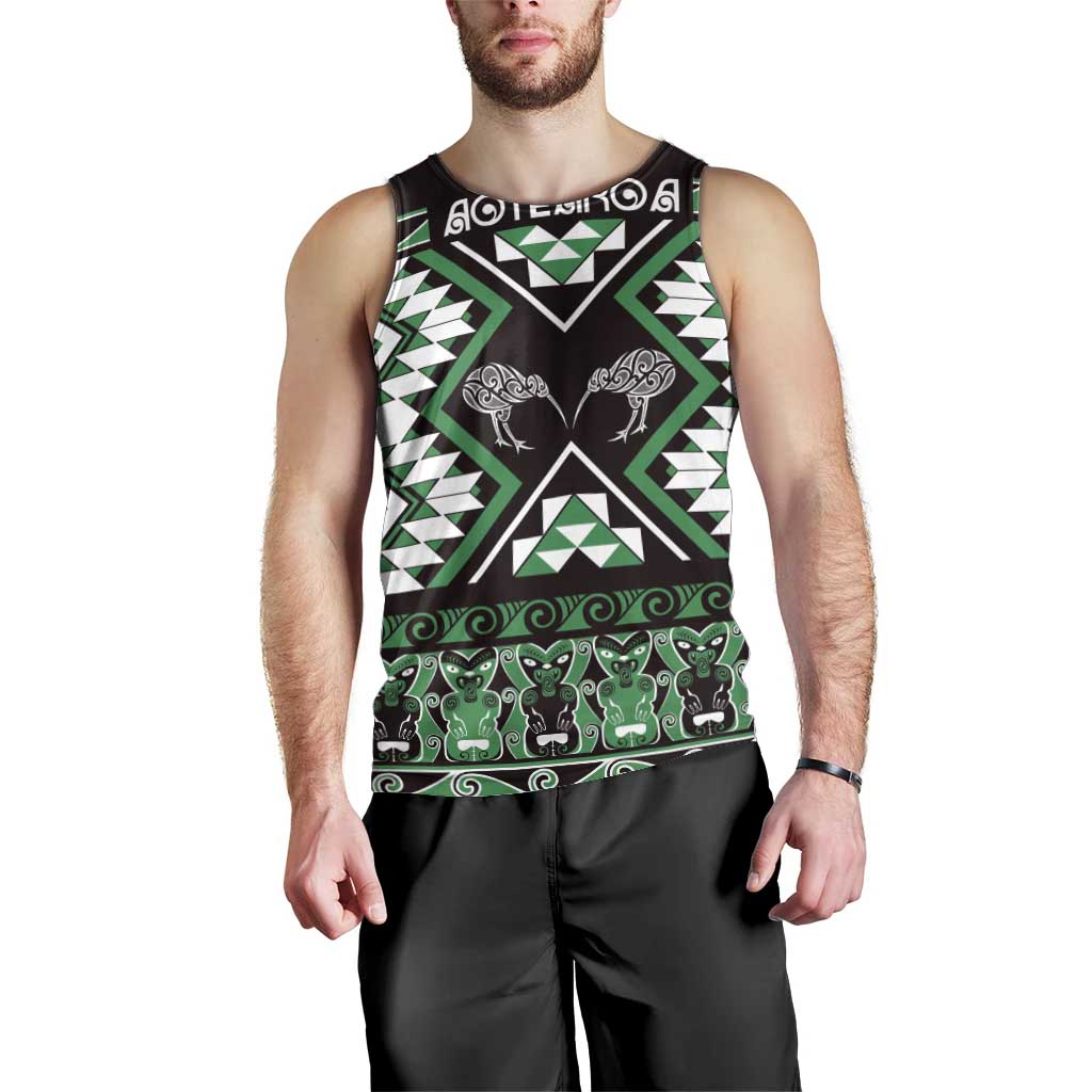Personalised Taniko Motifs Aotearoa Men Tank Top Waitangi Kowhaiwhai Kiwi - Green