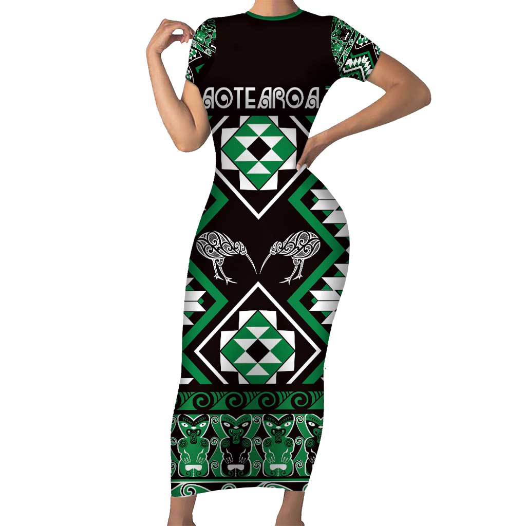 Personalised Taniko Motifs Aotearoa Short Sleeve Bodycon Dress Waitangi Kowhaiwhai Kiwi - Green