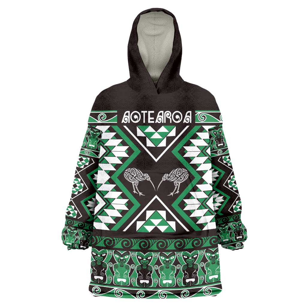 Personalised Taniko Motifs Aotearoa Wearable Blanket Hoodie Waitangi Kowhaiwhai Kiwi - Green