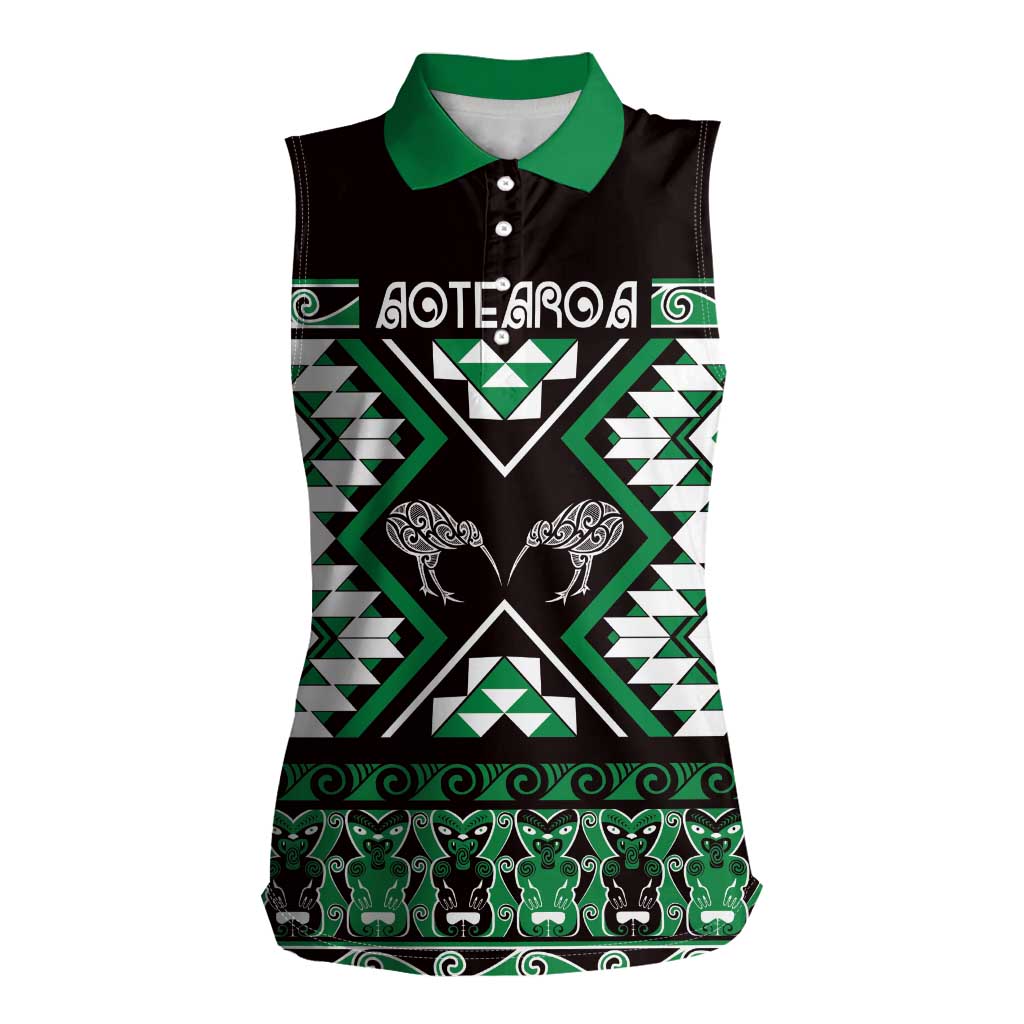 Personalised Taniko Motifs Aotearoa Women Sleeveless Polo Shirt Waitangi Kowhaiwhai Kiwi - Green LT7 Female Green - Polynesian Pride