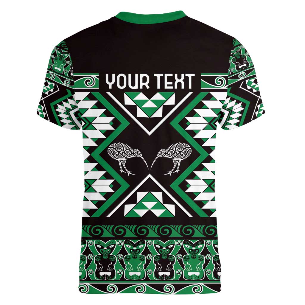 Personalised Taniko Motifs Aotearoa Women V-Neck T-Shirt Waitangi Kowhaiwhai Kiwi - Green LT7 - Polynesian Pride