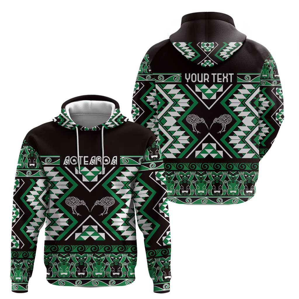 Personalised Taniko Motifs Aotearoa Zip Hoodie Waitangi Kowhaiwhai Kiwi - Green