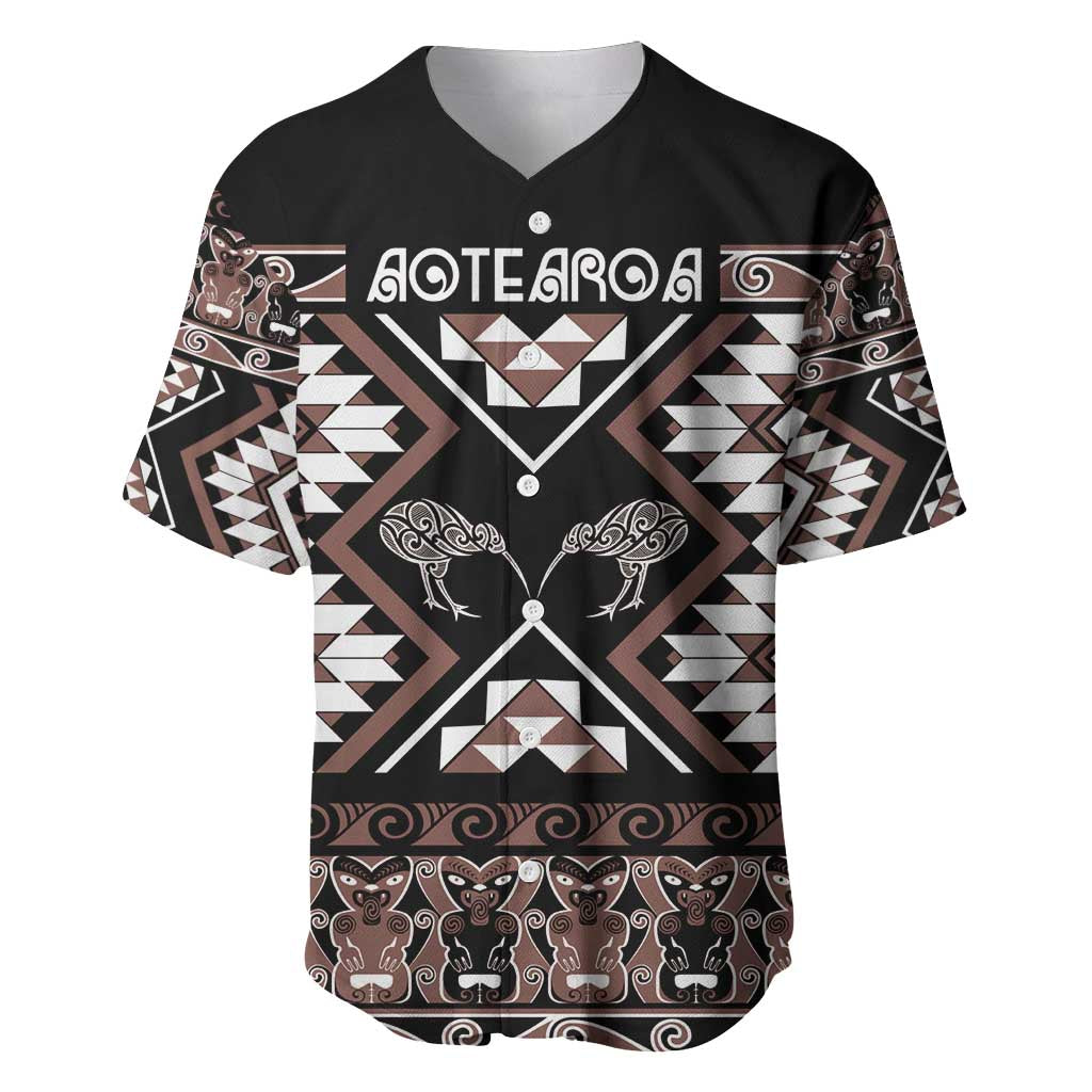 Personalised Taniko Motifs Aotearoa Baseball Jersey Waitangi Kowhaiwhai Kiwi - Mocha