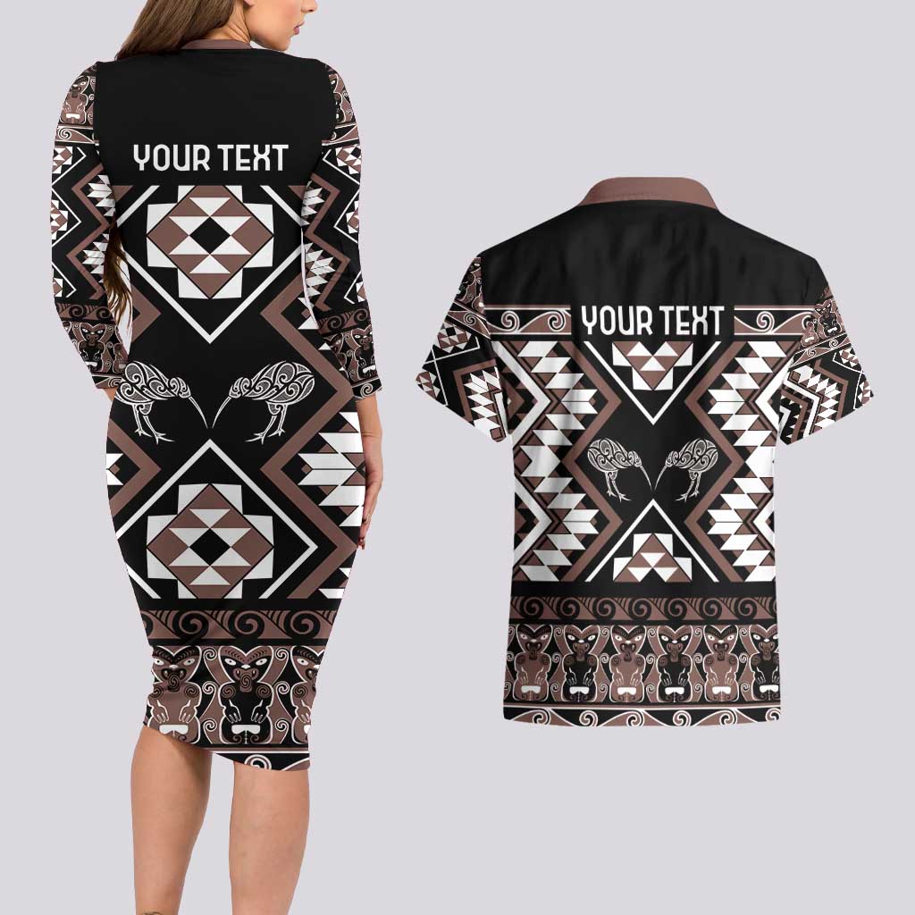 Personalised Taniko Motifs Aotearoa Couples Matching Long Sleeve Bodycon Dress and Hawaiian Shirt Waitangi Kowhaiwhai Kiwi - Mocha