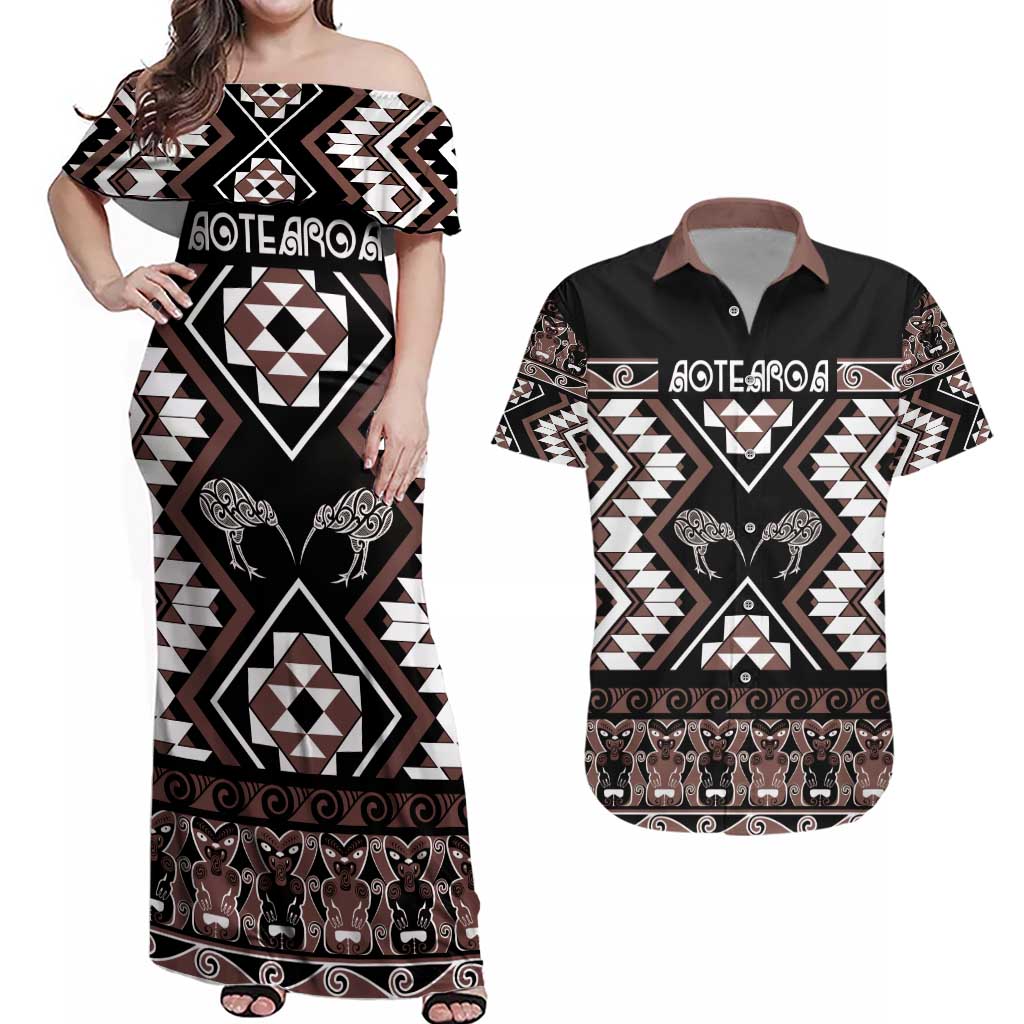 Personalised Taniko Motifs Aotearoa Couples Matching Off Shoulder Maxi Dress and Hawaiian Shirt Waitangi Kowhaiwhai Kiwi - Mocha