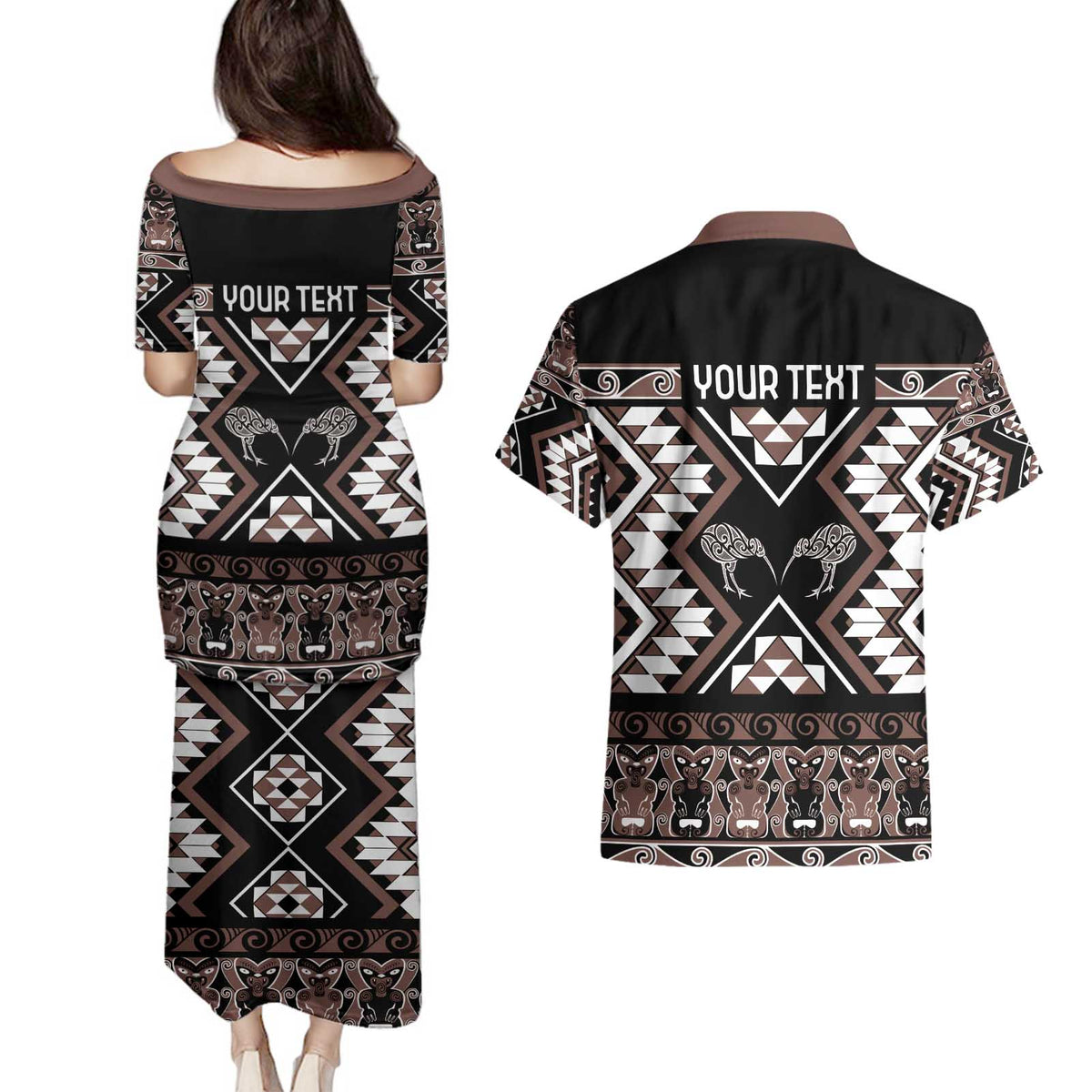 Personalised Taniko Motifs Aotearoa Couples Matching Puletasi and Hawaiian Shirt Waitangi Kowhaiwhai Kiwi - Mocha