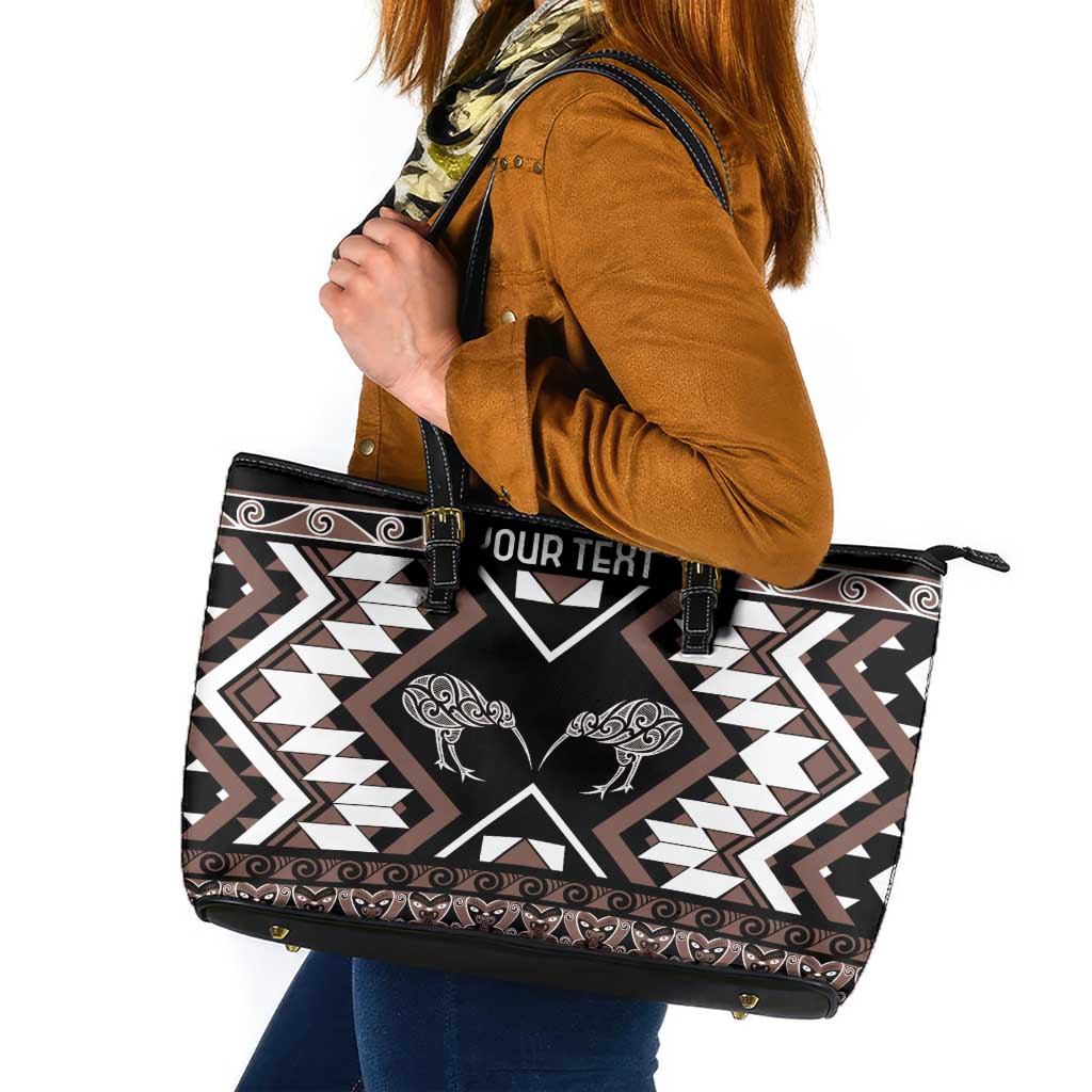 Personalised Taniko Motifs Aotearoa Leather Tote Bag Waitangi Kowhaiwhai Kiwi - Mocha