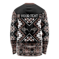 Personalised Taniko Motifs Aotearoa Long Sleeve Shirt Waitangi Kowhaiwhai Kiwi - Mocha
