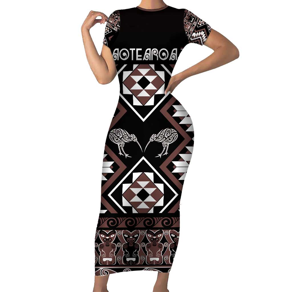 Personalised Taniko Motifs Aotearoa Short Sleeve Bodycon Dress Waitangi Kowhaiwhai Kiwi - Mocha